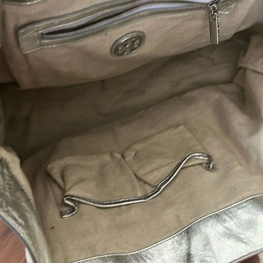 Tory Burch canvas and silver leather large tote bag